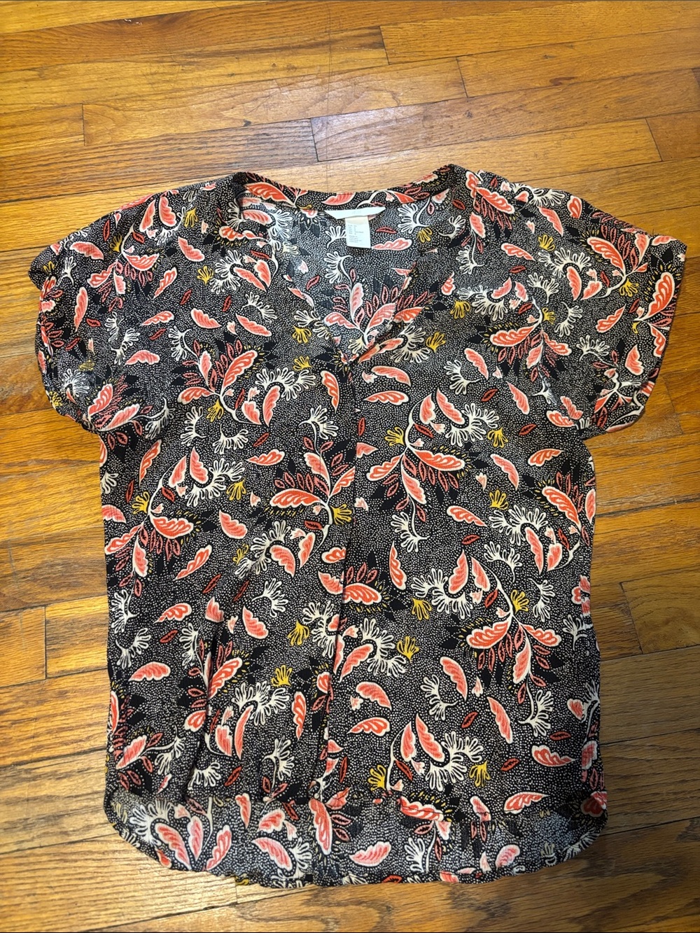 H&M Black V-Neck Blouse with Coral and Yellow Floral Print